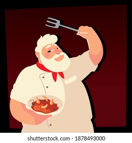 senior chef holding soup and fork cooking restaurant vector illustration
