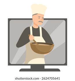 Senior chef holding wooden bowl and mixing food on tv screen, online culinary course concept