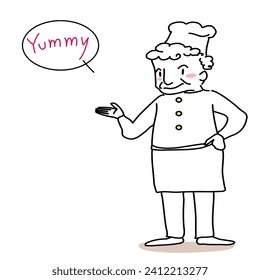 Senior chef smiling and recommending the food menus. Mature chef standing and saying "Yummy". Chef showing his recommended dishes. Speech balloon with wording "Yummy" included.