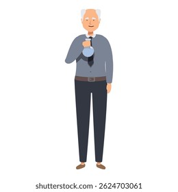 Químico sênior segurando frasco sorrindo olhando para você isolado no fundo branco