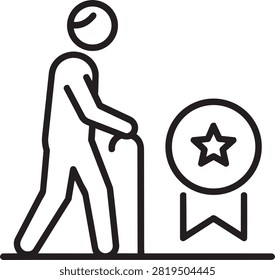 Senior citizen care symbol featuring elderly person walking with cane and quality assurance star medal icon on transparent background