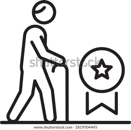 Senior citizen care symbol featuring elderly person walking with cane and quality assurance star medal icon on transparent background
