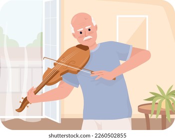 Ilustración aislada del vector 2D del aprendizaje de adultos mayores. Hombre mayor tocando personaje plano violín en fondo de caricatura. Colorida escena editable para móvil, sitio web, presentación