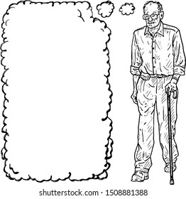 A senior citizen man walking with a cane, with a blank thought bubble over his head. Hand drawn vector illustration. 