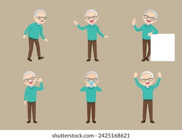 Anciano, abuelo jubilado con gafas, jubilado, abuelo solitario. Ancianos diferentes puntos de vista, gestos, emociones. Viejo conjunto de personajes, secuencias de pose.