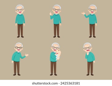 Anciano, abuelo jubilado con gafas, jubilado, abuelo solitario. Ancianos diferentes puntos de vista, gestos, emociones. Viejo conjunto de personajes, secuencias de pose.