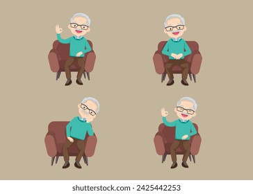 Senior citizen, retired grandfather wearing glasses, old age pensioner, lonely grandpa. Elderly different views, gestures, emotions.Old man character set, pose sequences.