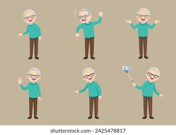 Senior citizen, retired grandfather wearing glasses, old age pensioner, lonely grandpa. Elderly different views, gestures, emotions.Old man character set, pose sequences.