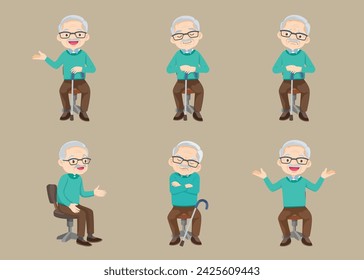 Senior citizen, retired grandfather wearing glasses, old age pensioner, lonely grandpa. Elderly different views, gestures, emotions.Old man character set, pose sequences.