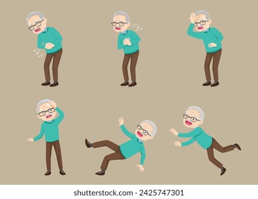 Anciano, abuelo jubilado con gafas, jubilado, abuelo solitario. Ancianos diferentes puntos de vista, gestos, emociones. Viejo conjunto de personajes, secuencias de pose.