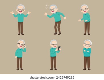 Senior citizen, retired grandfather wearing glasses, old age pensioner, lonely grandpa. Elderly different views, gestures, emotions.Old man character set, pose sequences.