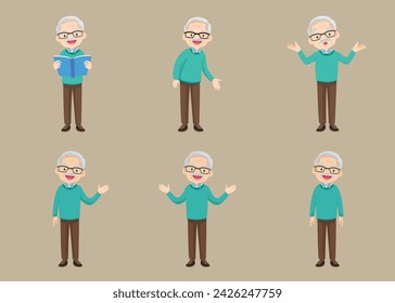 Senior citizen, retired grandfather wearing glasses, old age pensioner, lonely grandpa. Elderly different views, gestures, emotions.Old man character set, pose sequences.