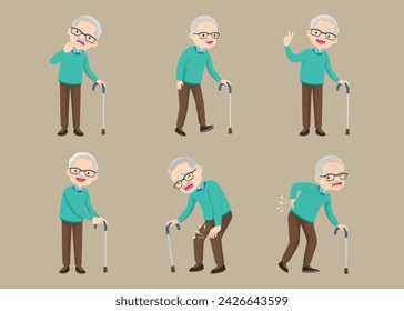 Senior citizen, retired grandfather wearing glasses, old age pensioner, lonely grandpa. Elderly different views, gestures, emotions.Old man character set, pose sequences.