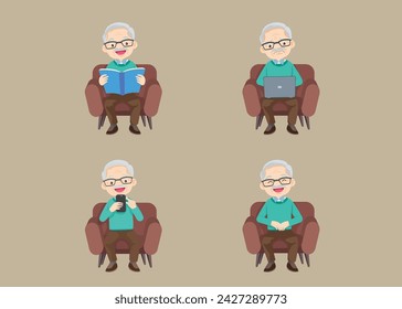 Senior citizen, retired grandfather wearing glasses, old age pensioner, lonely grandpa. Elderly different views, gestures, emotions.Old man character set, pose sequences.