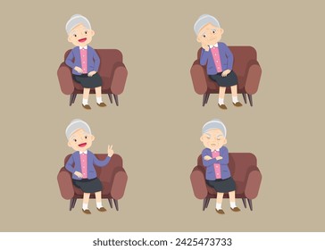 Senior citizen, retired grandmother, old age pensioner, lonely grandmom. Elderly different views, gestures, emotions.Old woman character set, pose sequences