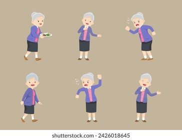 Senior citizen, retired grandmother, old age pensioner, lonely grandmom. Elderly different views, gestures, emotions.Old woman character set, pose sequences