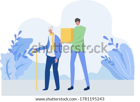 Senior citizen vector concept: young man helping the old woman by carrying her box