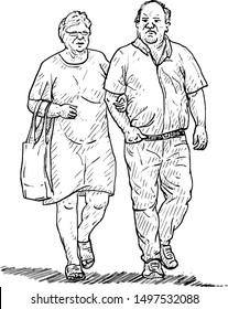 A senior citizen wife and husband walking together. Hand drawn vector illustration. 