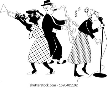 Senior citizens jazz band performing on stage, EPS 8 black solid vector silhouette, no white objects, figures cannot be separated 