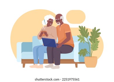 Senior citizens learning how to use laptop 2D vector isolated illustration. Pensioners watching video flat characters on cartoon background. Colorful editable scene for mobile, website, presentation