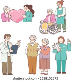 Senior citizens, nursing homes, caregivers, caregivers, doctors, old age, insurance, wheelchairs, checkups, medical care,