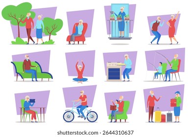 Senior citizens participating in diverse activities, including gardening, exercising, cooking, and socializing, highlighting their vibrant lifestyles and interactions