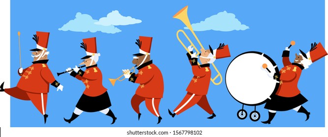 Senior Citizens Playing Instruments In A Marching Band Parade, EPS 8 Vector Illustration	