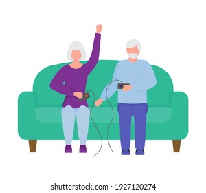 senior citizens playing video game holding joysticks. rest for the elderly. an elderly man and an elderly woman are playing a video game. elderly people are resting. vector illustration