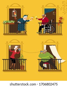 Senioren, die soziale Distanzierung praktizieren, bleiben mit ihren Nachbarn verbunden, EPS 8 Vektorillustration, Illustration