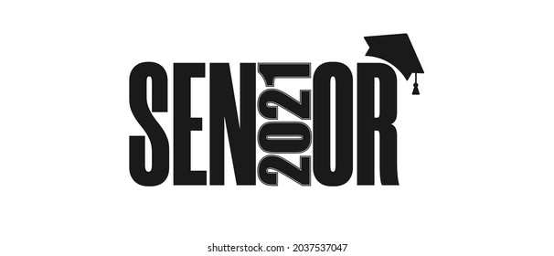 Senior class of 2021. Black number with education academic cap on white background. Graduation design frame, high school logo, icon, college congratulation graduate, yearbook. Vector illustration.
