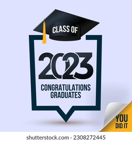 Senior class of 2023 graduation symbol. Abstract graduation web design with mortar board. Text for graduation design, congratulation event, T-shirt, party, high school or college graduate.
