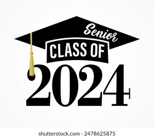 Senior class of 2024 with black graduation cap. Congratulations graduates sticker, class of 2024 with square academic hat. Vector illustration