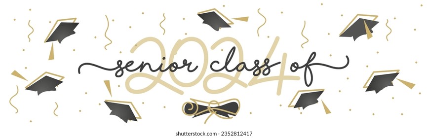 Senior Class of 2024 handwritten typography lettering text. Hand drawn design with diploma confetti and flying graduates caps. Golden and black line design with white background