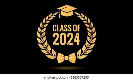 Senior class of 2024 year, happy graduation laurel wreath gold emblem, vector illustration for academic web design