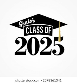 Senior Class of 2025, black graduation cap logo. Congratulation graduation, 2025 number with academic cap for party high school or college event. Vector lettering design for congrats