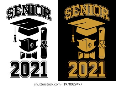 Senior Class greeting, invitation card. Text for graduation design, congratulation event, T-shirt, party, high school or college graduate. Vector on transparent and black background