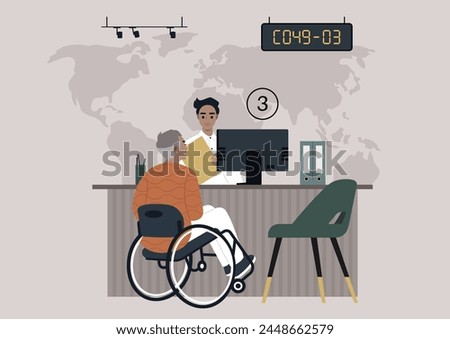 Senior Client at Bank Reception With Assistant, Elderly citizen in a wheelchair being assisted by an employee