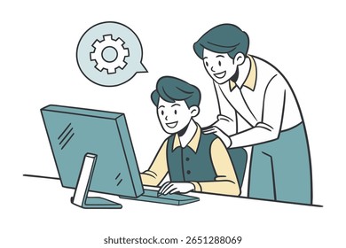 Um colega sênior oferece orientação e suporte a um colega júnior que trabalha em um computador, sugerindo trabalho em equipe e solução de problemas com um símbolo de engrenagem.