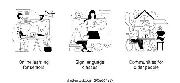 Senior community and education abstract concept vector illustration set. Online learning for seniors, sign language classes, communities for older people, free course, silent speech abstract metaphor.