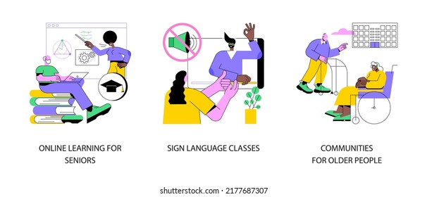 Senior community and education abstract concept vector illustration set. Online learning for seniors, sign language classes, communities for older people, free course, silent speech abstract metaphor.