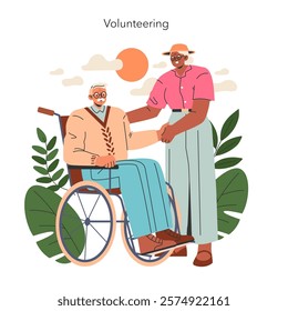 Senior companionship concept. A volunteer provides company and comfort to an elderly person in a wheelchair, portraying social support. Vector illustration.