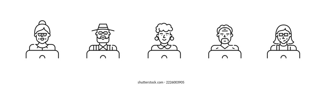 Senior computer and internet users. Grandmother and grandfather at laptops. Pixel perfect, editable stroke line icons
