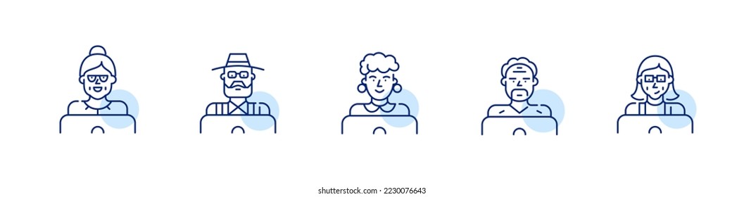Usuarios mayores de computadoras e Internet. Abuela y abuelo en laptops. Iconos de trazo de píxeles perfectos y editables