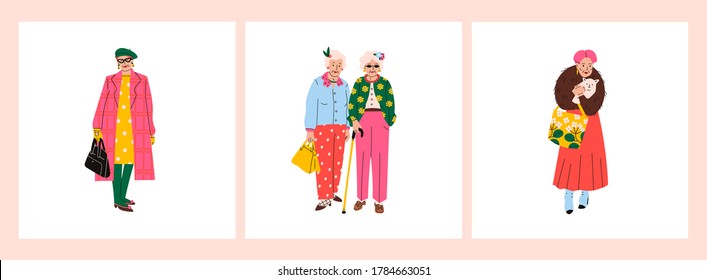 Senior confident Ladies. Different bright clothing and accessories. Old and mature women standing in trendy clothes. Modern fashion look. Set of three Hand drawn Vector illustrations. Cartoon style