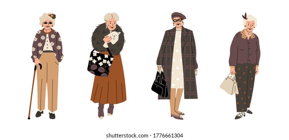 Senior confident Ladies. Different clothing and accessories. Old and mature women standing in trendy clothes. Modern fashion look. Hand drawn Vector illustration. Cartoon style. Every lady is isolated