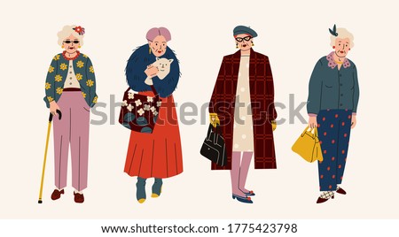 Senior confident Ladies. Different clothing and accessories. Old and mature women standing in trendy clothes. Modern fashion look. Hand drawn Vector illustration. Cartoon style. Every lady is isolated
