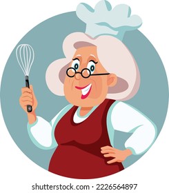 Senior Cook Woman Holding a Wire Whisk Vector Cartoon Illustration. Granny making a homemade recipe suing an old-school utensil