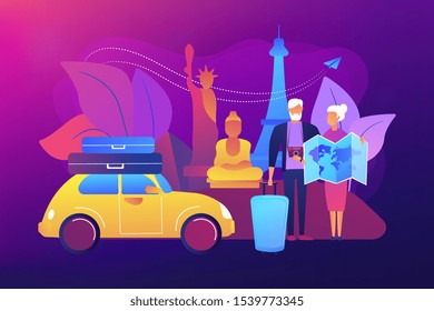 Senior couple abroad road trip. Elderly people on around world sightseeing tour. Retirement travel, traveling on pension, slow travel method concept. Bright vibrant violet vector isolated illustration