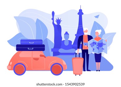 Senior couple abroad road trip. Elderly people on around world sightseeing tour. Retirement travel, traveling on pension, slow travel method concept. Pinkish coral bluevector isolated illustration