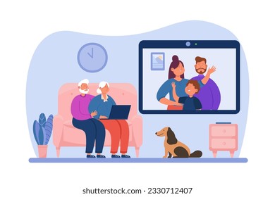 Senior couple adapting to video conference vector illustration. Elderly couple using laptop to call children and grandchildren on screen. Senior lifestyle, technology use concept